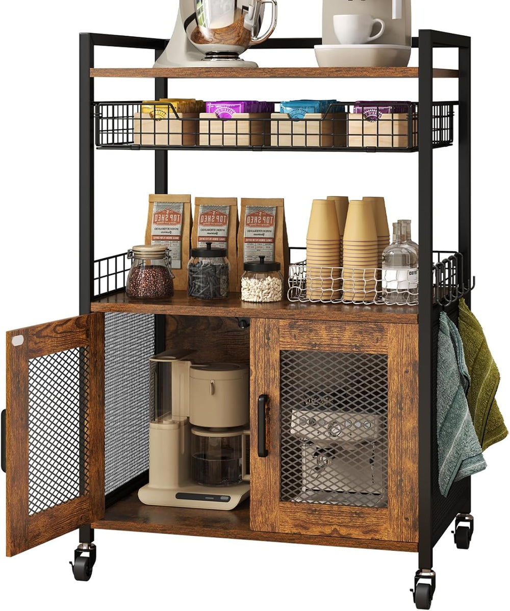 Hencawima Coffee Bar Cabinet, 3 Tier Coffee Station Table on Wheels, 35.9&quo...