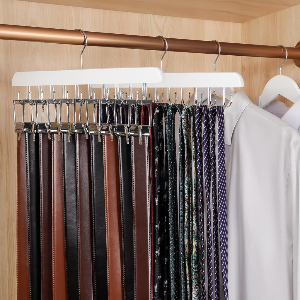 TOPIA HANGER 20 Hooks 2 in 1 Belt Tie Hanger for Closet Max 30 Belts with 30 Ties Capacity, Belt Tie Racks Wooden Hanger for Closet Organizer Storage “U” Fit for Belt and “一” Fit for Tie - CT47W