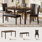 KEIKI 6-Piece Standard Height Dining Table Set with Rectangular Table, 4 Upholstered Chair, Bench, for 6 Person, Farmhouse Rustic Table Set, Easy Assembly, for Kitchen, Dining Room, Dark Walnut
