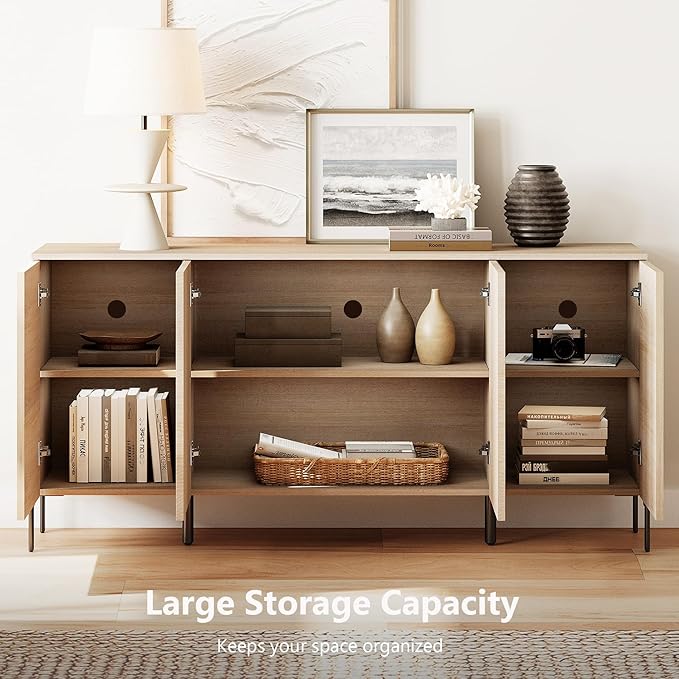 WAMPAT 61.6" TV Stand Cabinets for TVs up to 70 Inches, Entertainment Center with Storage Cabinets and 4 Doors, Mid Century Modern Media TV Console Table for Living Room Bedroom,Beige