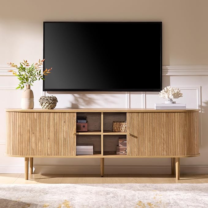 AMERLIFE 70" Mid-Century Modern TV Stand, TV Console Table for TVs up to 80 Inch, Fluted Wood Media Console with Storage, Solid Wood Legs, Natural Oak