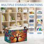 Tree of Life Storage Basket with Handles,Colorful Collapsible Rectangle Organizer Bin for Room Decoration Books Box Baskets 17x11.5x10Inch