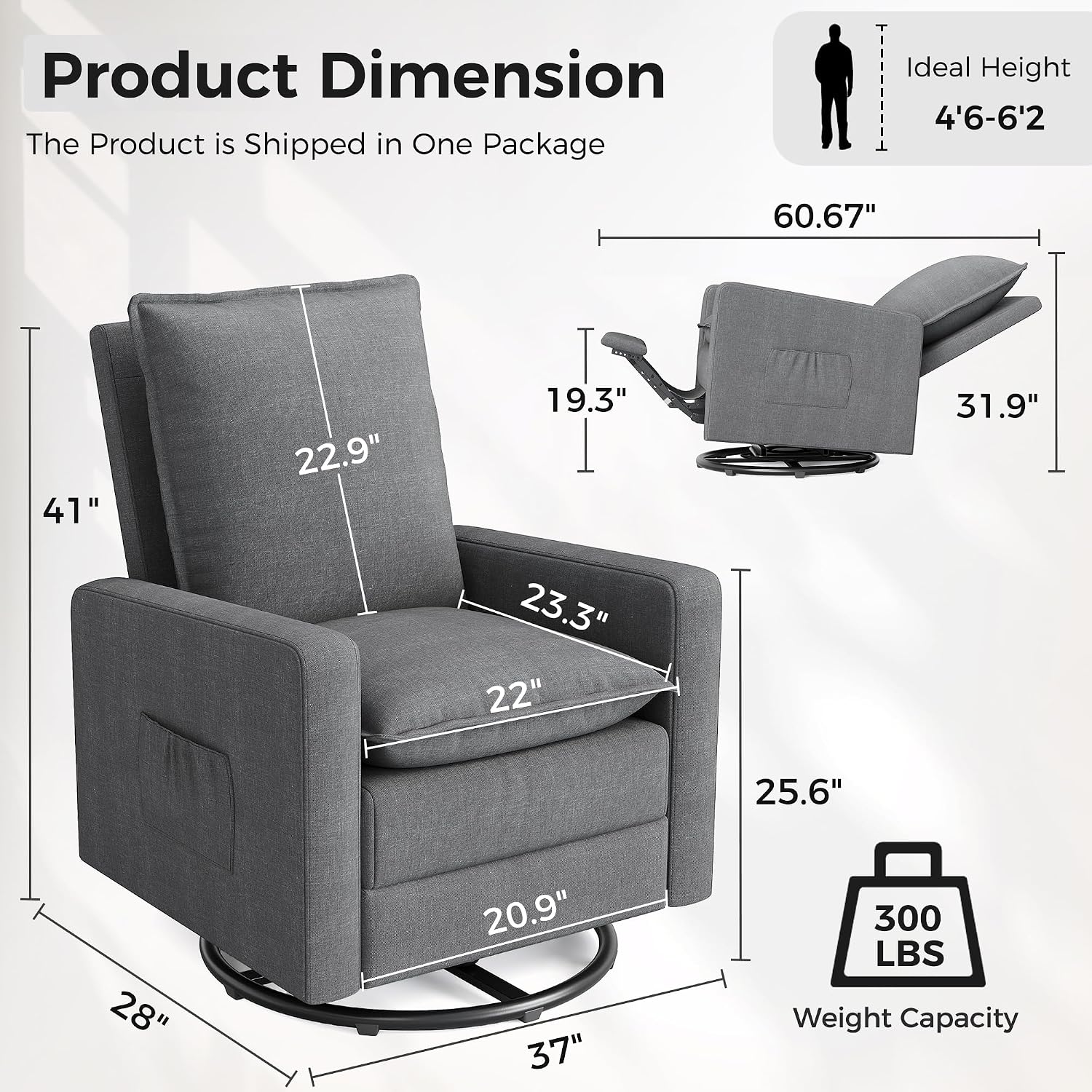 Swivel Glider Recliner for Adult Indoor Upholstered Lounge Nursery Chair Single Sofa with Side Pockets for Living Room Bedroom