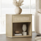 SICOTAS Night Stand 26" Wide Large Nightstands with Drawer & Shelf Storage Rattan Bedside Table Boho End Table Tall Bed Side Tables Night Stands for Bedroom Living Room Sofa Office Dorm, Sand Oak