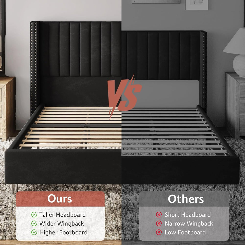 Jocisland Queen Size Bed Frame Velvet Upholstered Wingback Headboard, Black