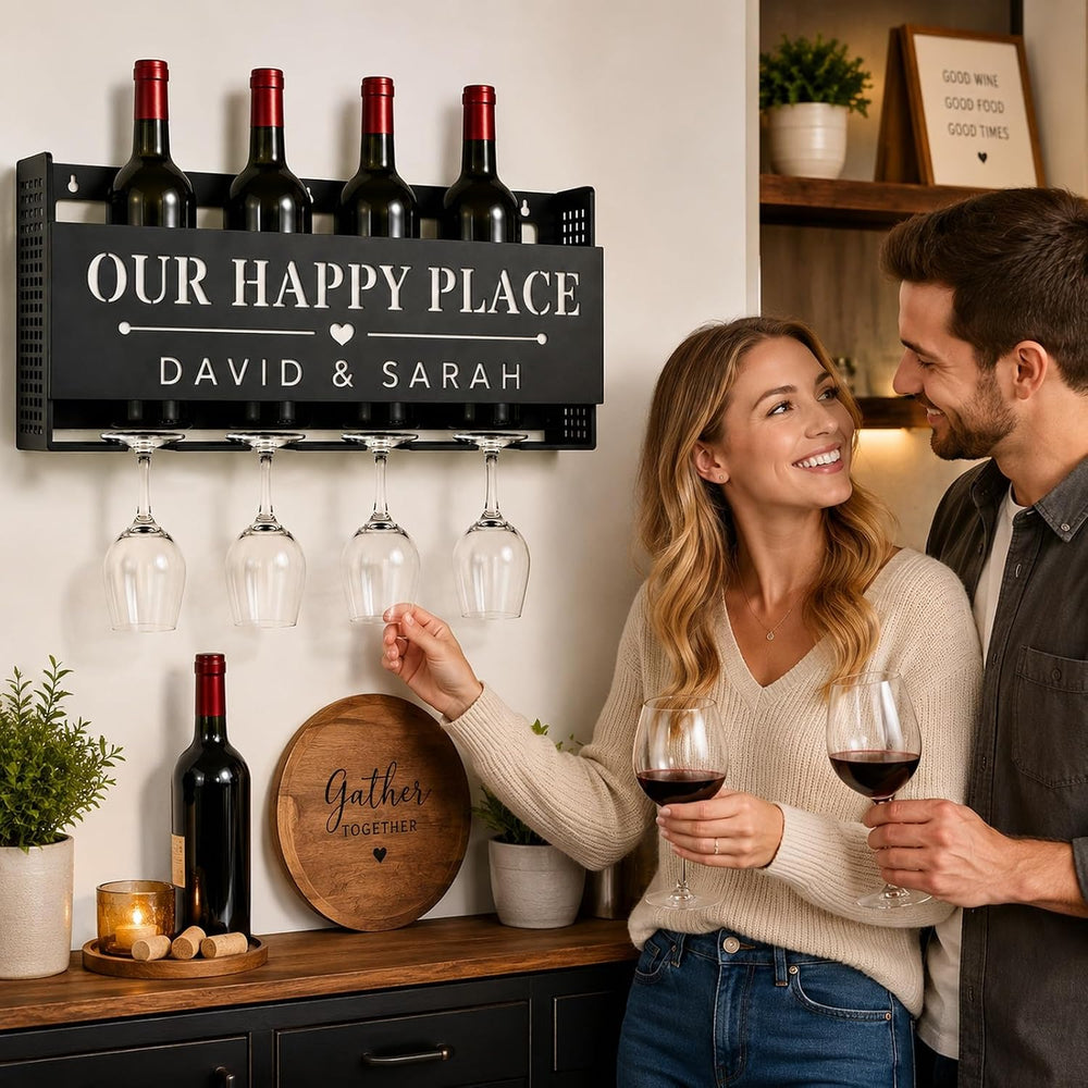 Personalized Wine Rack Wall Mounted with Glass Holder, Custom Name Wine Bottl...