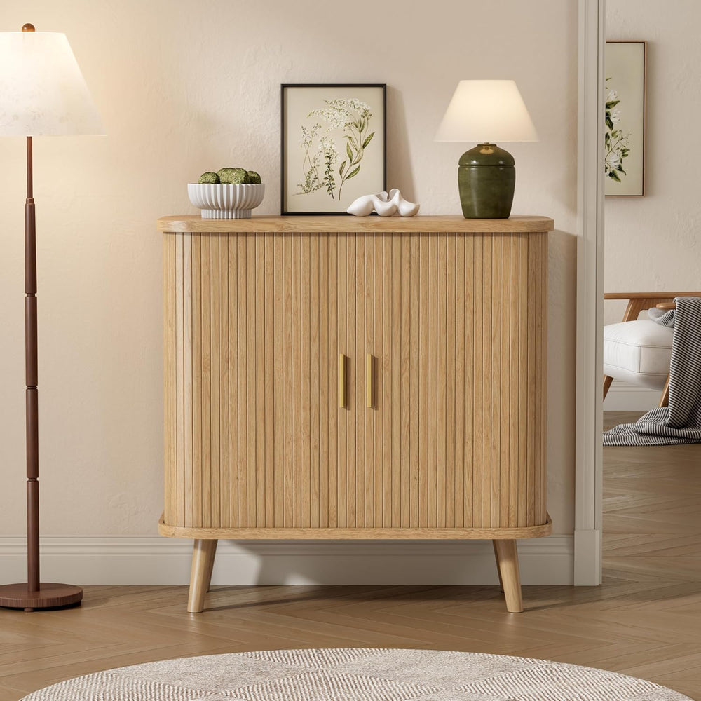 BORNOON Buffet Cabinet with Storage, Curved-Edge Fluted Storage Cabinet Sideb...