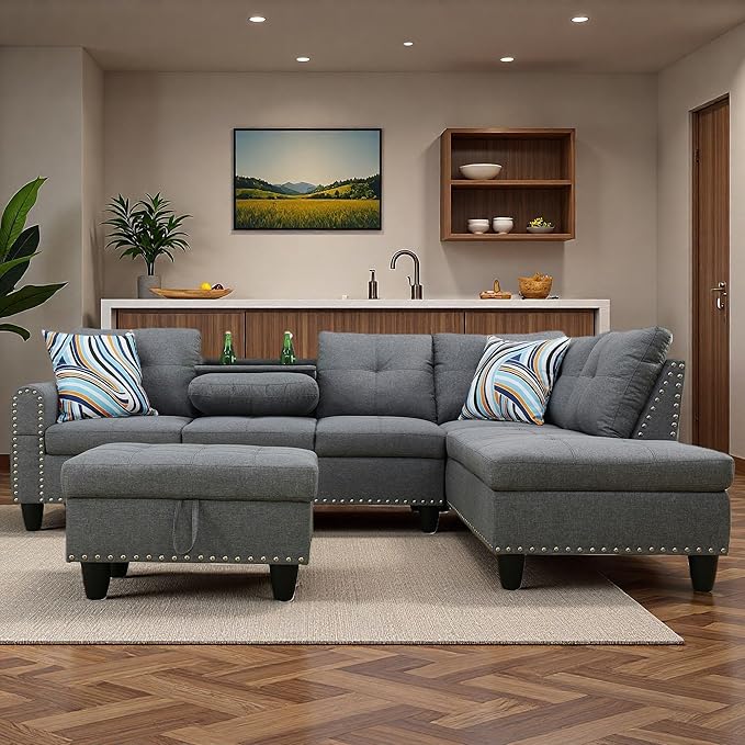 Sectional Couches for Living Room with Movable Chaise & Storage Ottoman - 97.5" Linen L Shaped Couches for Living Room Apartment, Home Modular Sectional Sofas with Cup Holder, Grey