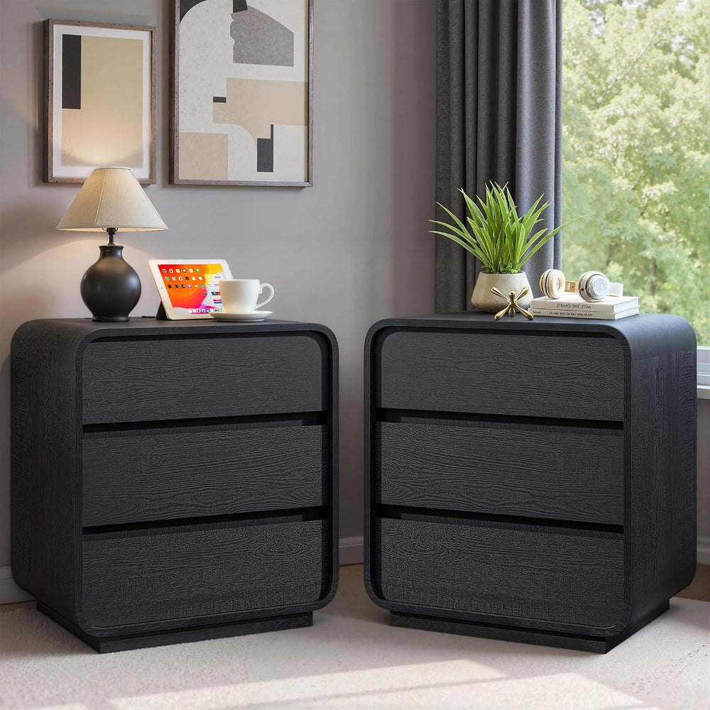 Standifurno Black Curved Night Stand Set of 2 with Charging Station, 25"...