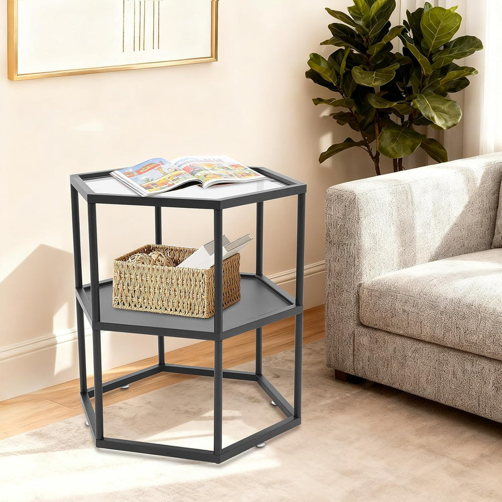 Side Table, Modern Coffee Tables with 2-Tier Storage with Metal Frame, Hexago...