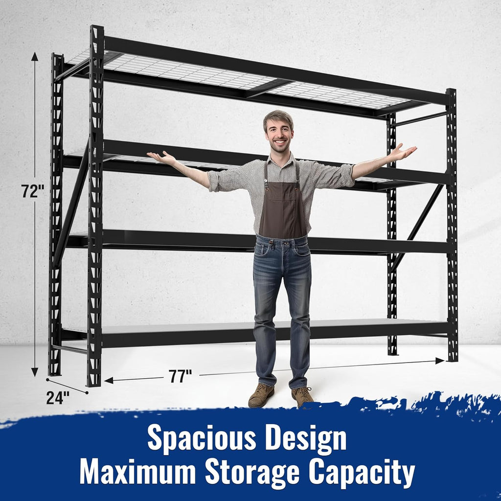 WORKPRO 8000LBS Storage Shelves, 77" Extra-Wide Garage Shelving, Heavy-Duty Metal Shelving Unit, Adjustable 4-Tier Garage Storage Rack for Warehouse, Basement,77" W X 24" D X 72" H, Black