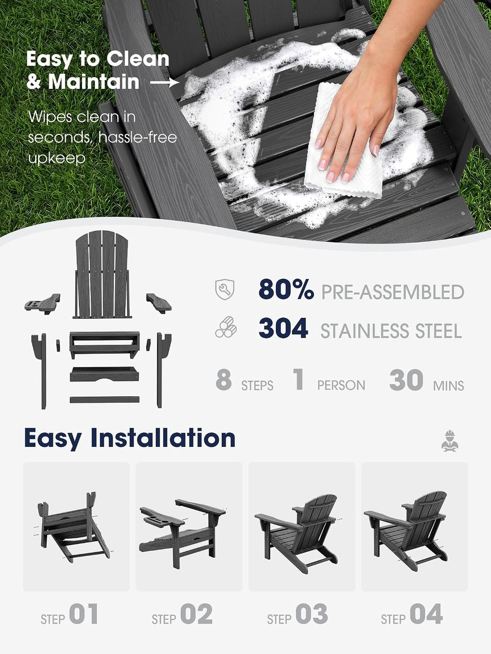 KINGYES Adjustable Folding Adirondack Chair with Footrest & 4-in-1 Multi-...
