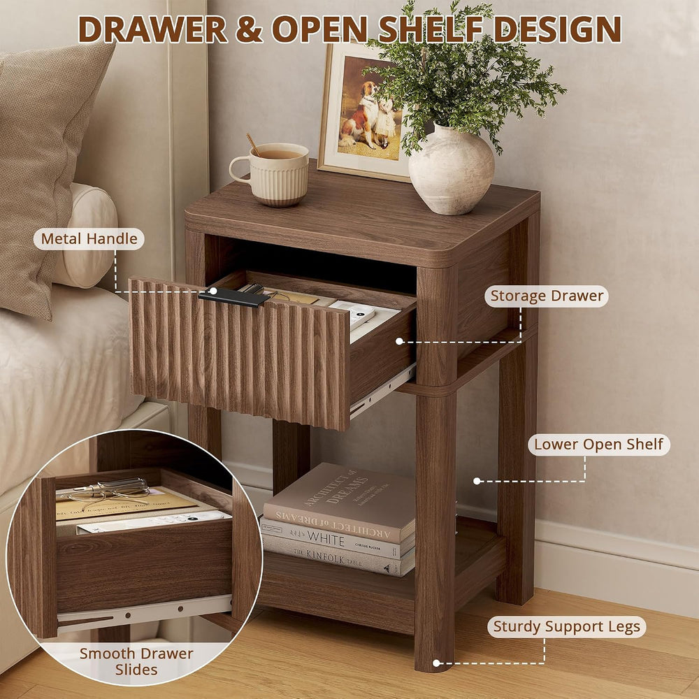 MECHYIN Nightstand Set of 2, Fluted Bedside Table with Drawer & Open Shelf