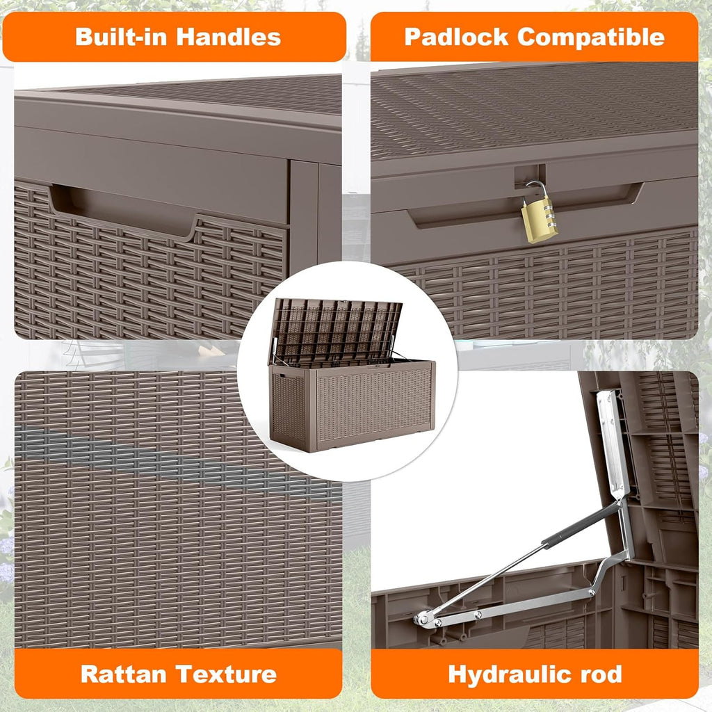 120 Gallon Resin Deck Box, Lockable Patio Outdoor Storage Box for Furniture, Garden Tools and Tools Storage, Waterproof Outside Storage Boxes - Grey