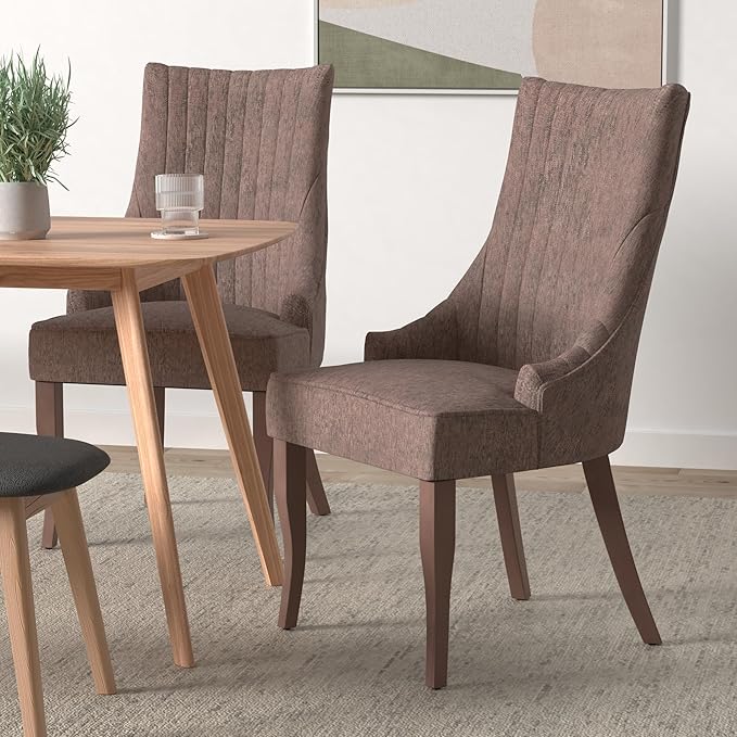 mikibama Linen Dining Chairs Set of 2 Channel Tufted Kitchen Dinner Chair Comfy Fabric Upholstered Accent Chair for Dining Room with Solid Wood Legs (Brown)
