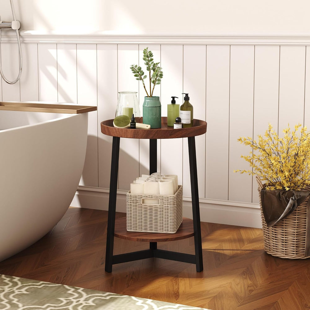 Industrial 2 Tier Round Side Table with Storage Shelf,Accent Tray End Table w...