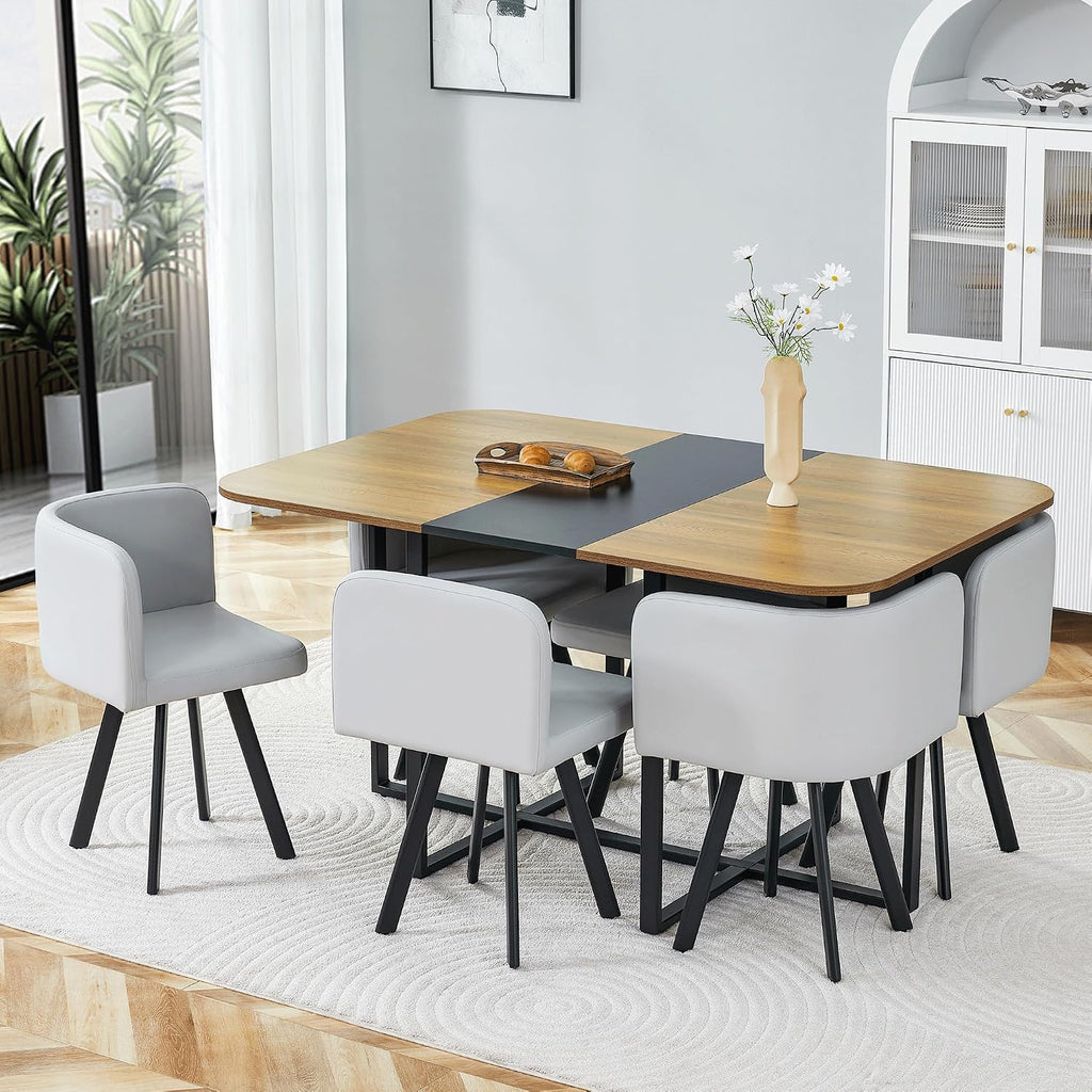 Hommoo 7-Piece Dining Table & Chairs Set for 6, 59” Rectangular Kitchen Table with 6 Chairs PU Leather Upholstered, Space-Saving Dining Room Table with Metal Frame Black Wood Table and Grey Chair