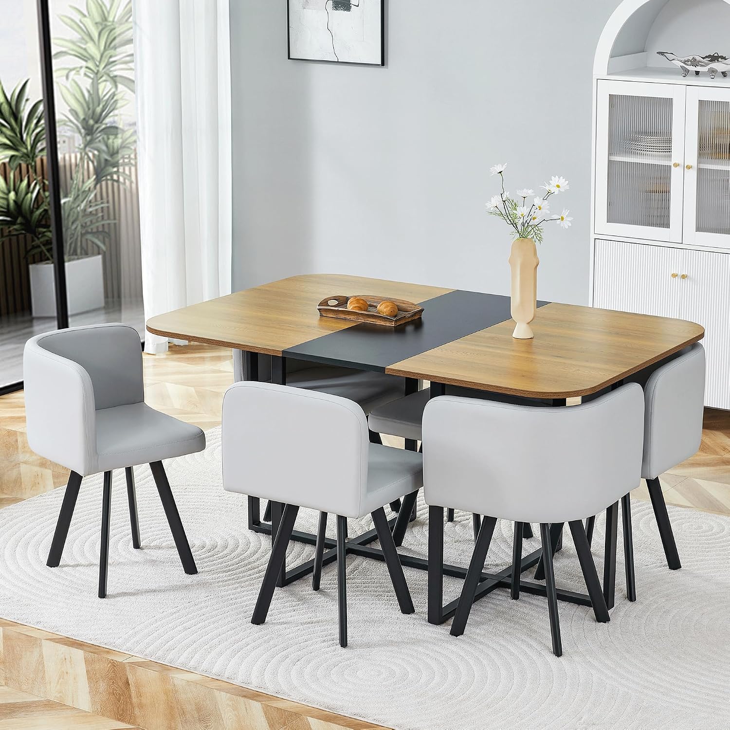 Hommoo 7-Piece Dining Table & Chairs Set for 6, 59” Rectangular Kitchen Table with 6 Chairs PU Leather Upholstered, Space-Saving Dining Room Table with Metal Frame Black Wood Table and Grey Chair