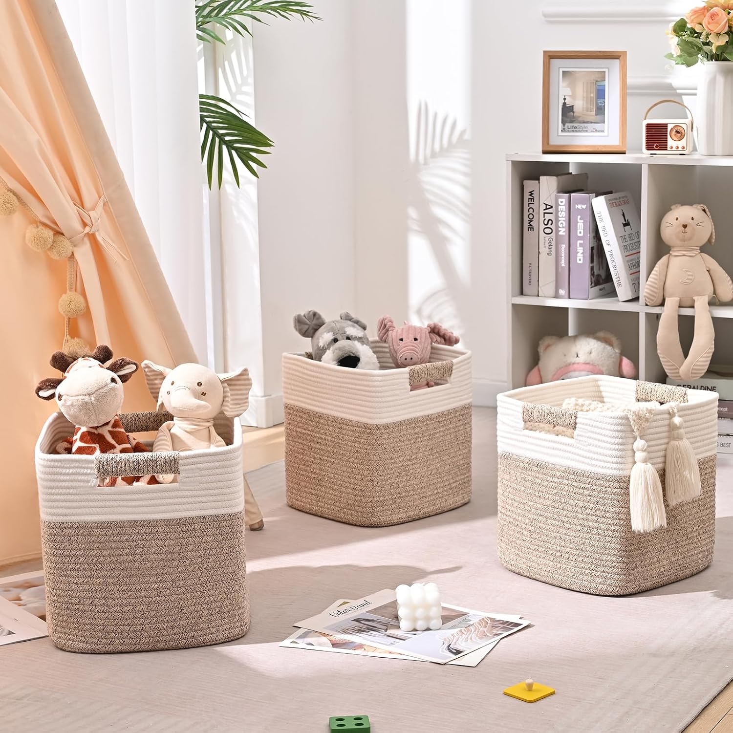 11 Inch Storage Cubes, 3 Pack Cube Storage Bins for Organizing, Cotton Rope Woven Baskets for Shelves, Bathroom, Kids Room, Closets, Baby Nursery