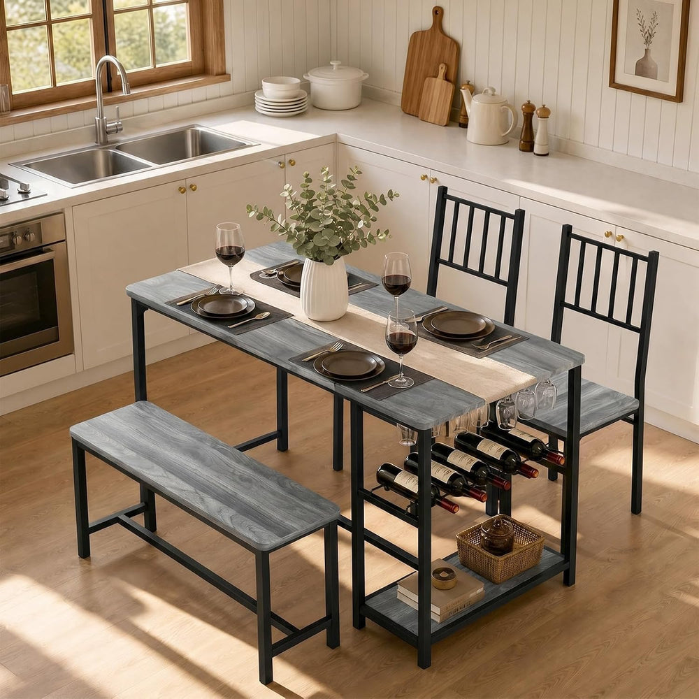 4 EVER WINNER 55-Inch Dining Table Set for 4 with Bench, Wine Rack, Grey | 4-...