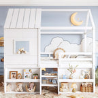 Loft Bed with Storage Shelves and Stairs，Antique White-P：Twin | House Loft Bed with Playhouse Shape Roof and Window