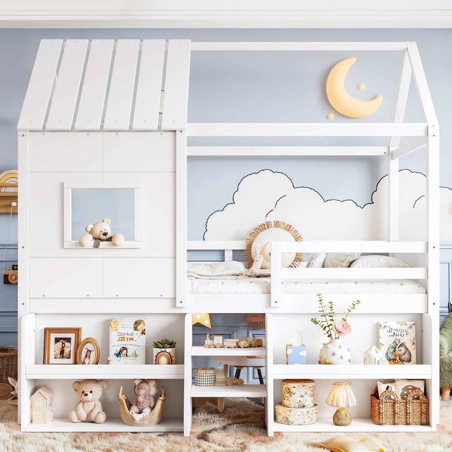 Loft Bed with Storage Shelves and Stairs，Antique White-P：Twin | House Loft Bed with Playhouse Shape Roof and Window