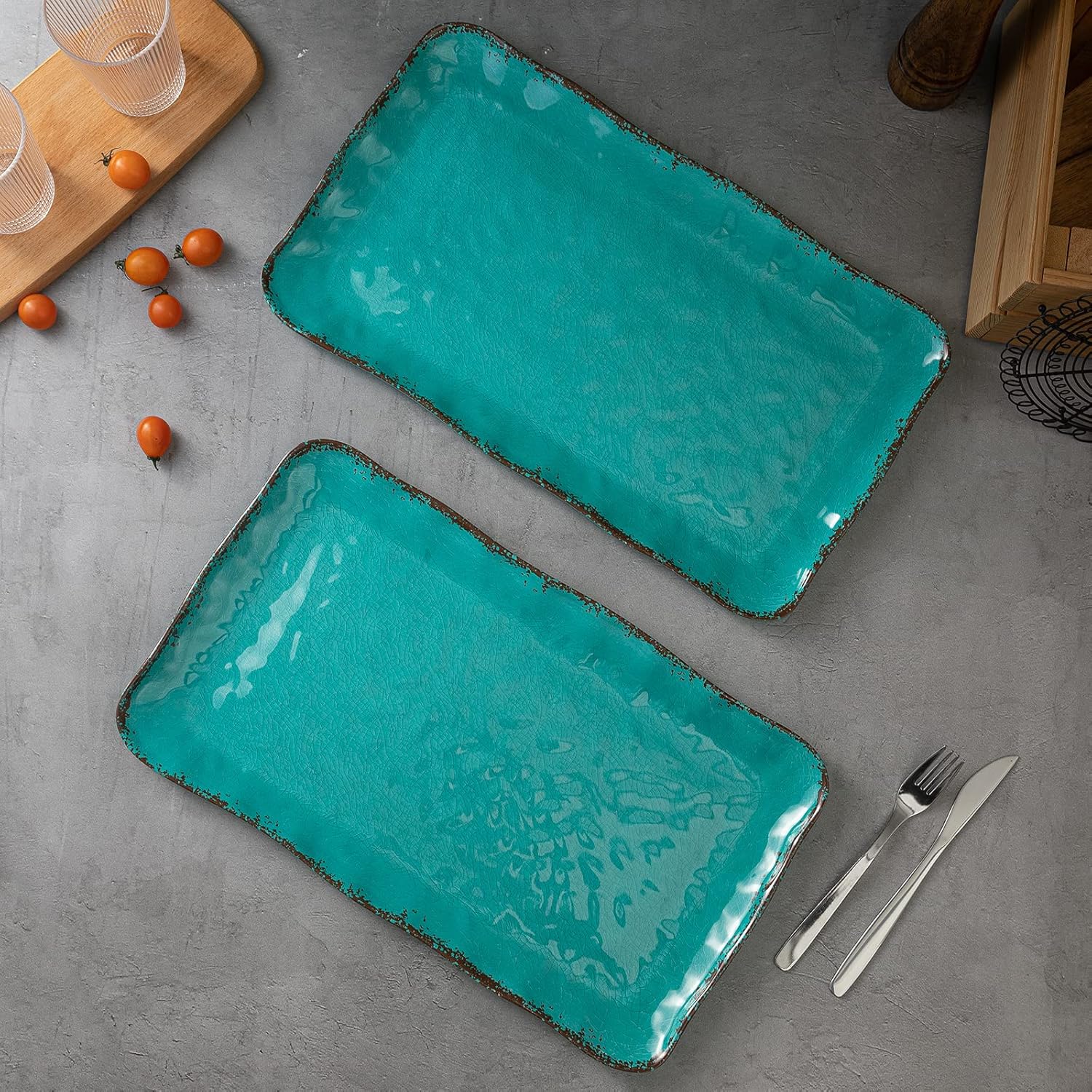 LEHAHA Vintage Melamine Serving Tray Set, Rectangular Large Serving Trays/Platters Set for Serving Food, BPA Free Food Serving Platters and Trays, Set of 2, 17.5"x 10", Teal