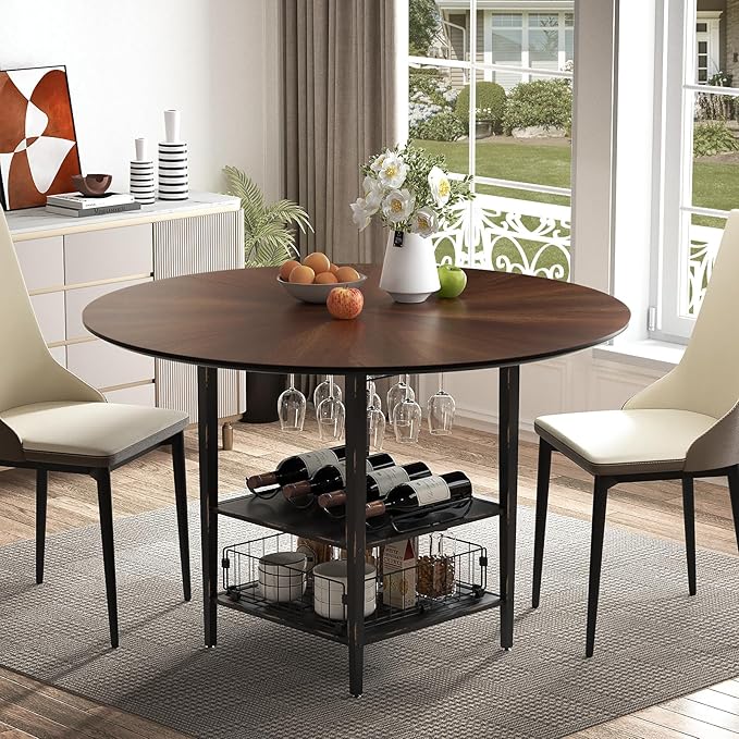 VFK 47 Inch Round Dining Table for 4, Kitchen Table Dining Table, Round Table with 2 Tier Storage Shelves for Home Dining Room,Living Room