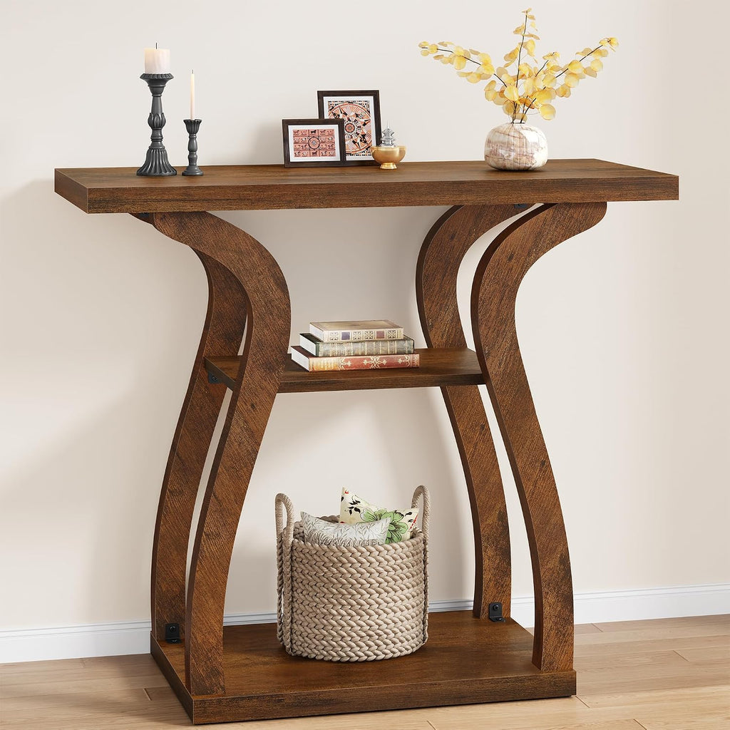 Tajsoon 3-Tier Farmhouse Console Table for Entryway 31.5", Rustic Brown