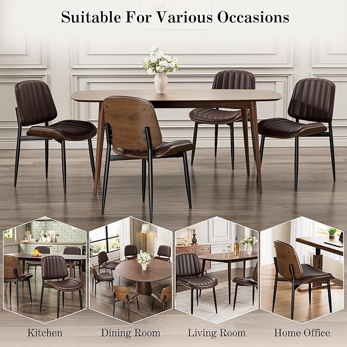 Dining Chairs Set of 4, Mid-Century Modern Upholstered PU Leather Chairs with Walnut Bentwood Back and Metal Legs Adjustable Feet for Kitchen Dining Living Room, Dark Brown Vertical Stripes