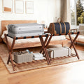 Walnut Luggage Racks Set of 2, Bamboo 26.77" Luggage Rack Stand for Guest Room, 5 Nylon Straps, Foldable Suitcase Stand with Storage Shelf for Bedroom Hotel, Holds up to 165 Lbs