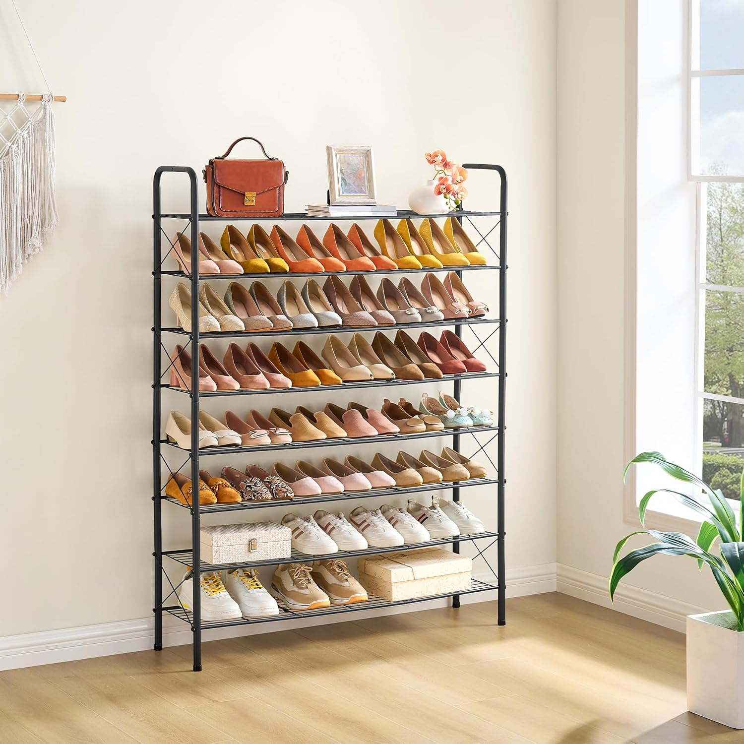 Hoctieon 8 Tier Shoe Rack for Closet, Durable Mesh Style Shoe Rack, Entryway Shoe Shelf, Shoe Storage Organizer for Hallway, Bedroom, Living Room, Wardrobe, Black