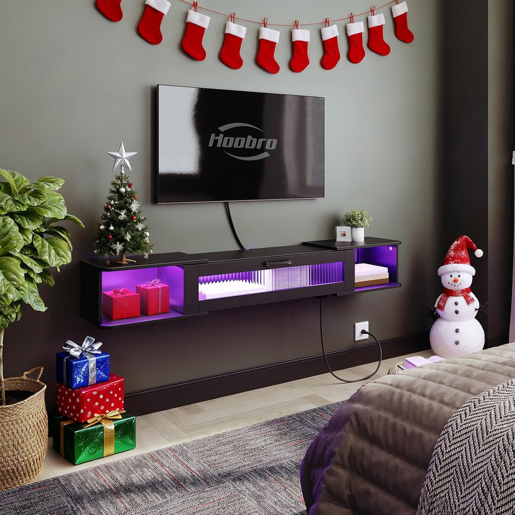 HOOBRO Floating TV Stand with LED Light Power Outlet for TVs up to 65”, Wall Mounted TV Shelf, Modern Media Console Entertainment Center Under TV, for Living Room Bedroom, Black BK34UDDS01G1