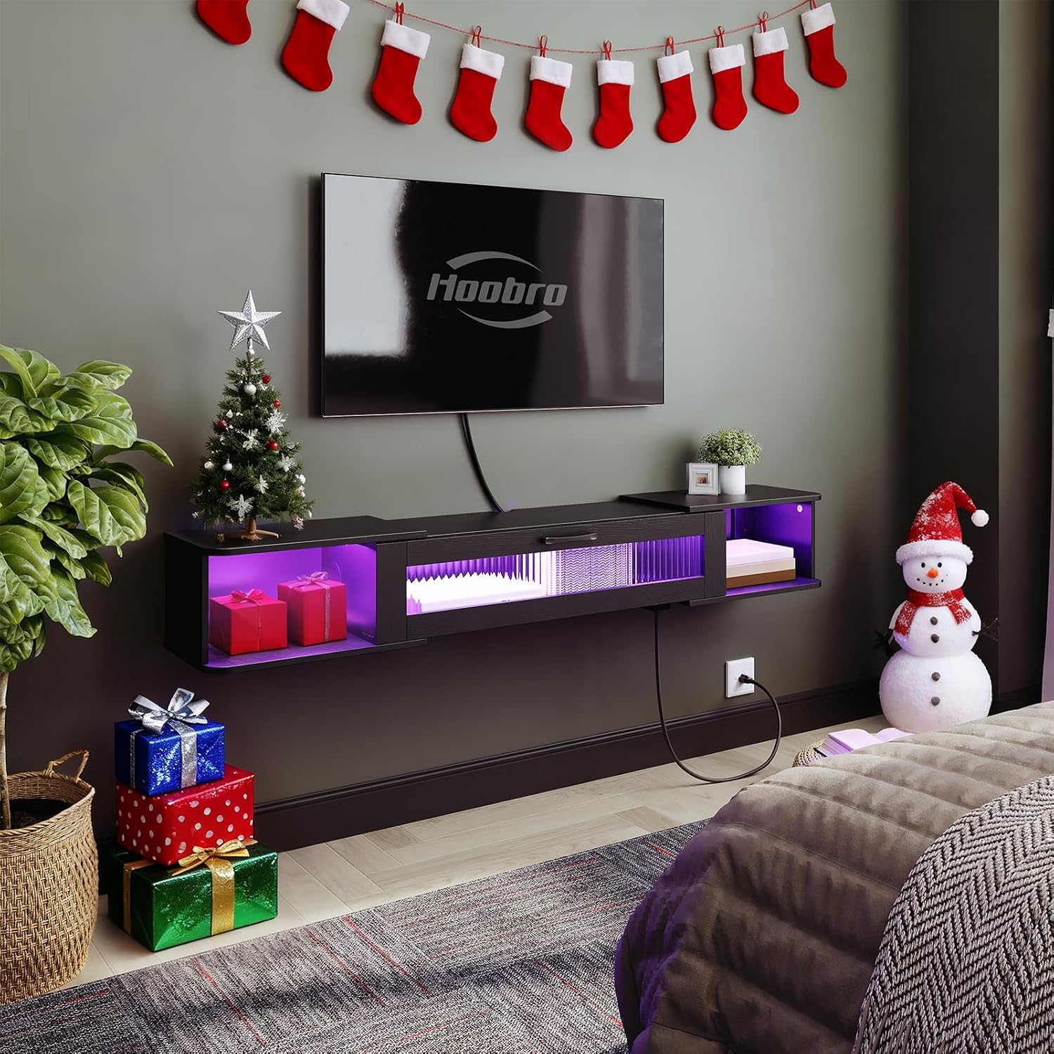 HOOBRO Floating TV Stand with LED Light Power Outlet for TVs up to 65”, Wall Mounted TV Shelf, Modern Media Console Entertainment Center Under TV, for Living Room Bedroom, Black BK34UDDS01G1