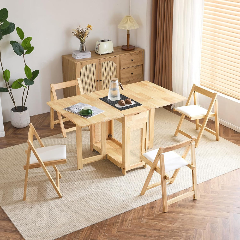 VINGLI 5-Piece Folding Dining Table Set, Extendable Drop Leaf Solid Wood Tabl...