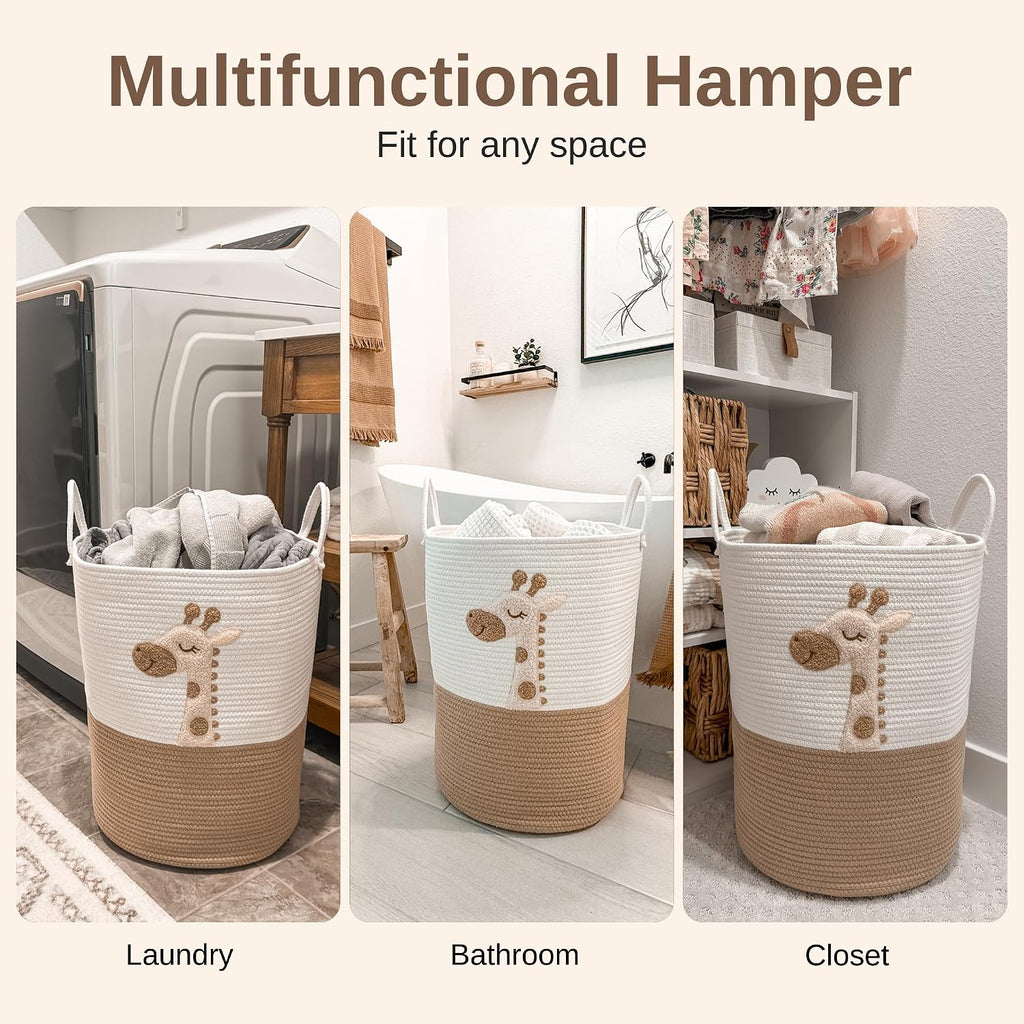 Giraffe Baby Laundry Basket, Tall Woven Rope Nursery Hamper, 20x15 in | Baby Clothes Hamper, Blanket Basket, Toy Storage, Soft Felt Animal Patch, Safari Nursery Decor, Shower Gift, Kids Room