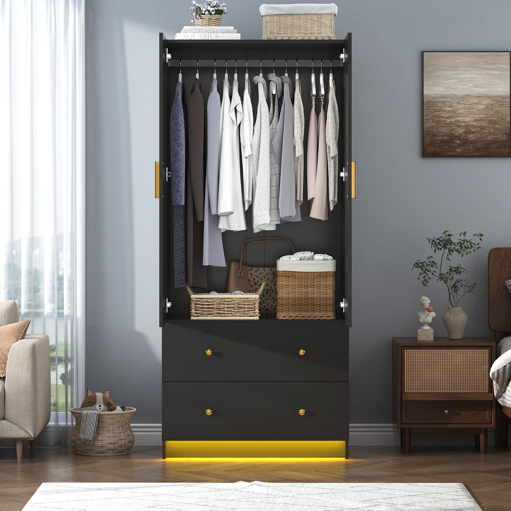chartustriable 2 Doors Armoire Wardrobe Closet with Mirror, LED Closet with D...
