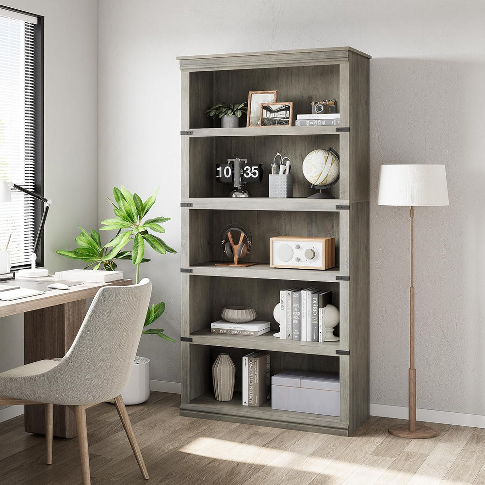 GarveeHome 5 Tier Farmhouse Bookcase, 67.4" Tall Book Shelf with Storage