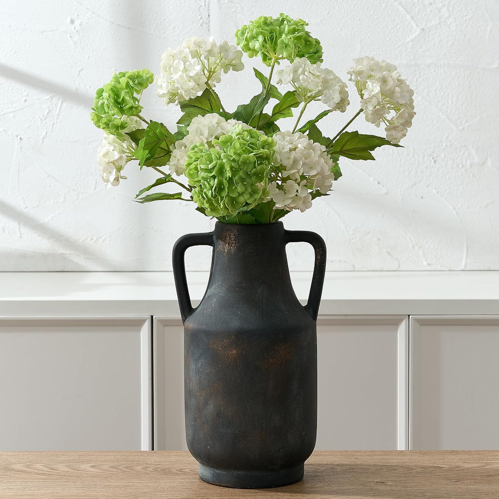 SIDUCAL Ceramic Rustic Flower Vase with Handles | 12 inch Tall Vase for Farmhouse Home Table Centerpieces, Large Decorative Terracotta Vases for Home Decor, Living Room,Shelf Decor, Black Bronze