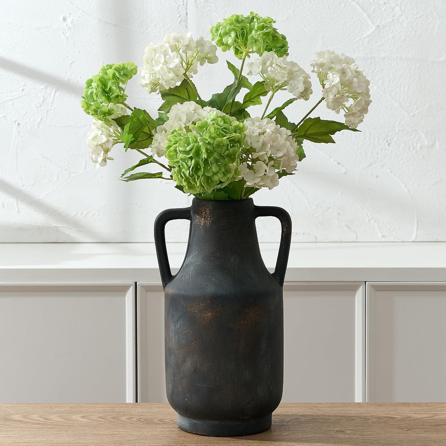 SIDUCAL Ceramic Rustic Flower Vase with Handles | 12 inch Tall Vase for Farmhouse Home Table Centerpieces, Large Decorative Terracotta Vases for Home Decor, Living Room,Shelf Decor, Black Bronze
