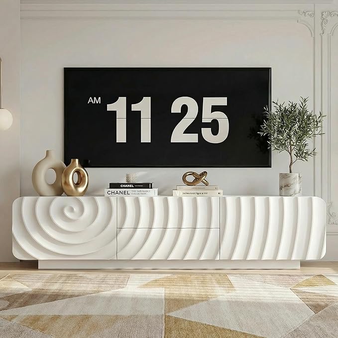58'' TV Stand for 65 Inch TV, Modern Spiral Wave Media Console with Storage Cabinet and 2 Drawers, Low Profile Entertainment Center for Living Room Bedroom (White)