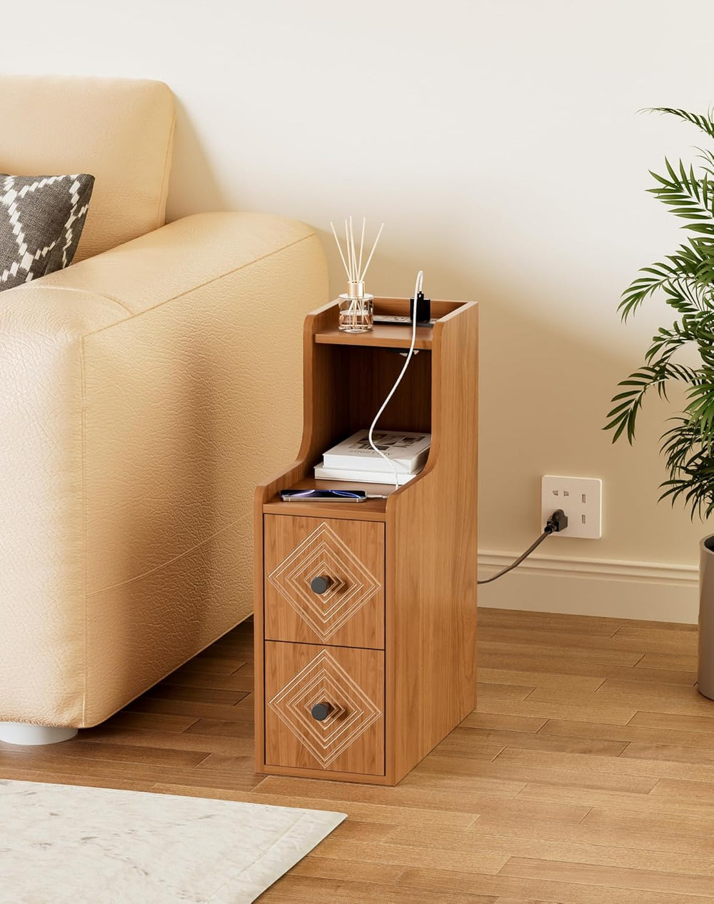 Narrow End Table Set of 2 with Charging Station, Walnut Skinny Bedside Tables...