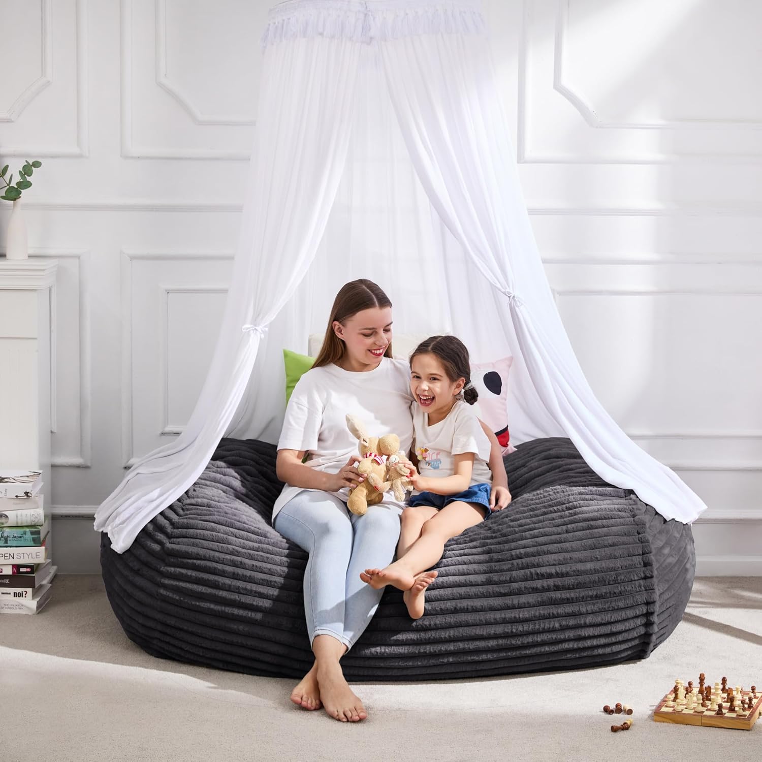 Hobestluk 4FT Bean Bag Chairs Adult Bean Bag with Portable Handle Comfy Large Bean Bag Chair with Removable Cover for Living Room Bedroom or Reading Nook (Stripe Dark Grey, 4FT)