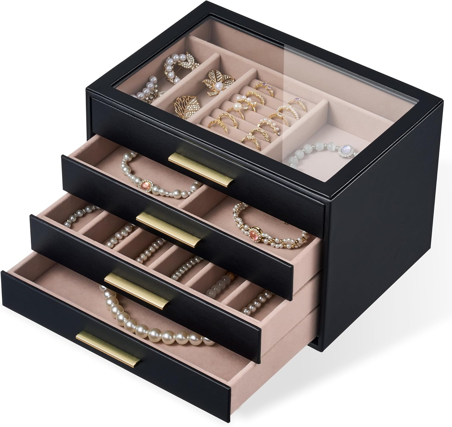 pickpiff Jewelry Box Organizer Case for Women: 4-Layer Jewelry Storage Case with Glass Window, Black Leather with Blush Velvet, Holder for Ring Necklace Bracelet Brooch Watch, Great Gift for Her
