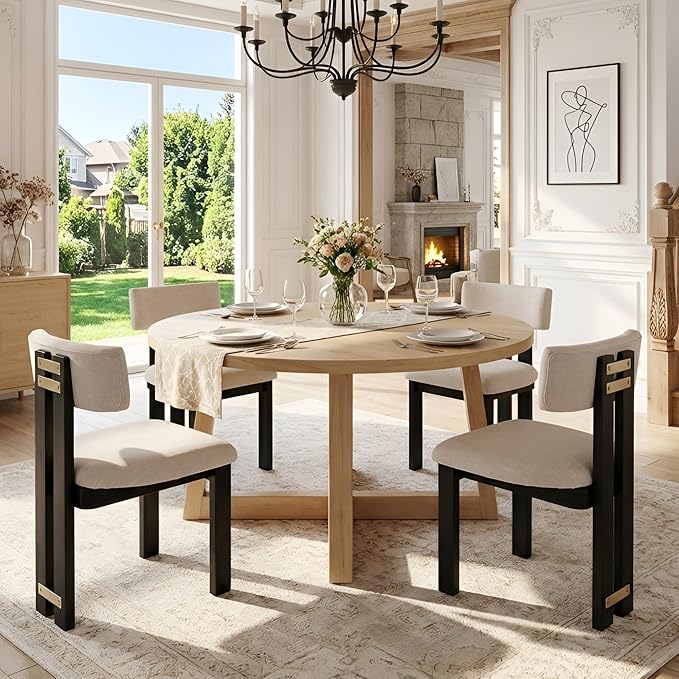 HNY Modern Farmhouse Linen Dining Chairs Set of 2, Beige Fabric Upholstered Dining Room Kitchen Chairs with Black Wood Frame & Curved-Back, Armless Accent Wood Chairs for Dining Living Room