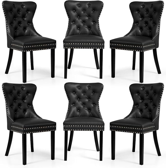 SyMax Dining Chairs Set of 6, Faux Leather Parson Dining Room Chairs, High-End Tufted Kitchen Side Chairs for Bedroom, Living Room, Black