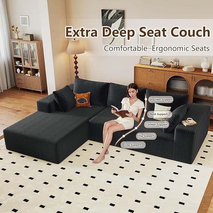 96" Modular Sectional Couch, Boneless L Shaped Cloud Sofa with Chaise Lounge, Corduroy Upholstered Couches Memory Foam Deep Seat, No Assembly Required, Ideal for Living Room(Black, Left Facing)