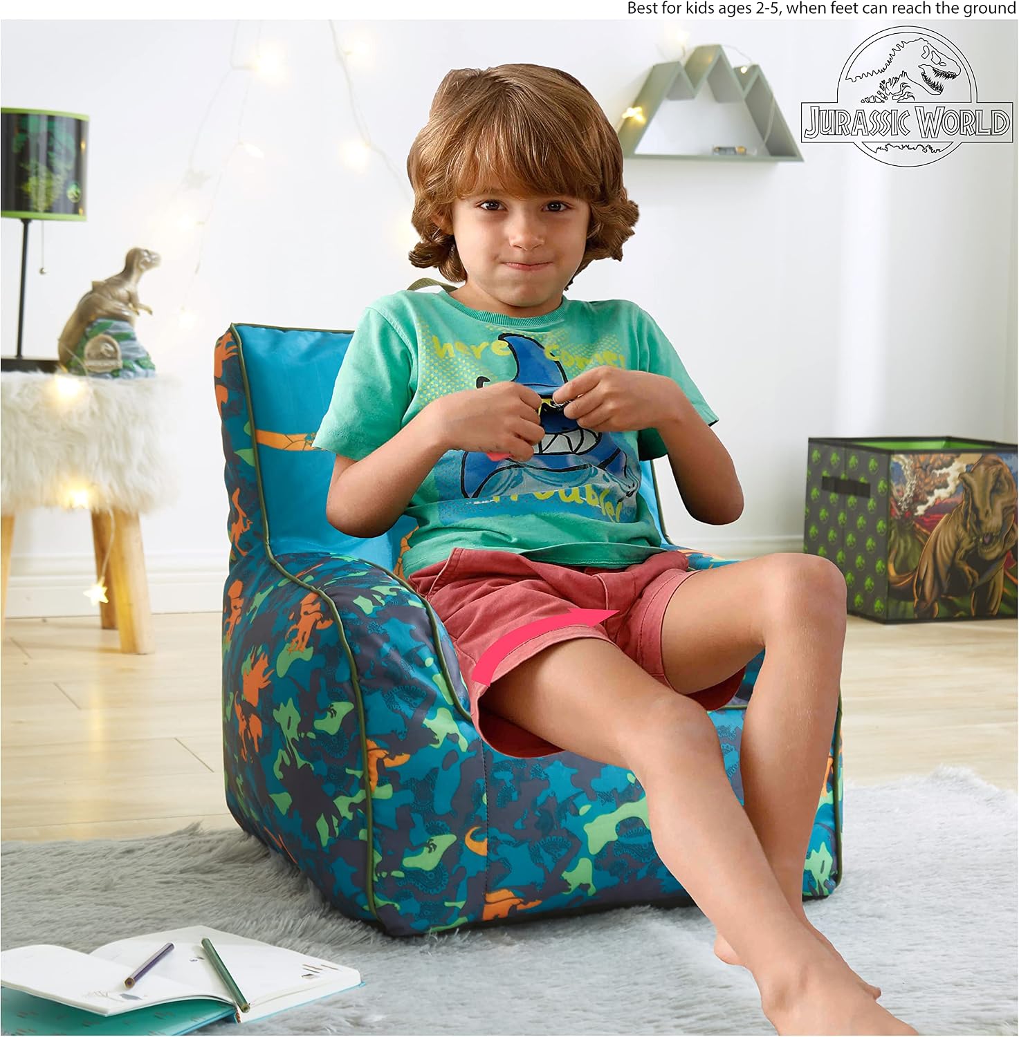 Idea Nuova Jurassic World Dinosaur Bean Bag Chair,Blue 18” x 18” Nylon Chair with Piping and Top Carry Handle, Lightweight & Portable Seating for Kids Room