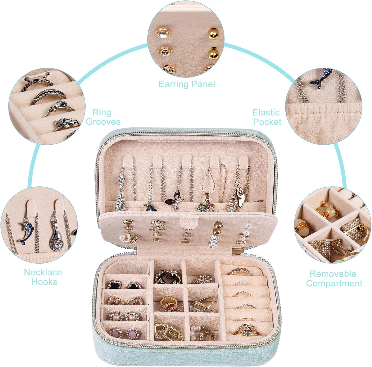 Dajasan Velvet Jewelry Boxes, Mini Travel Jewelry Case, Small Portable Travel Jewelry Organizer Box for Earrings Bracelets Rings Necklace (Cyan Blue)