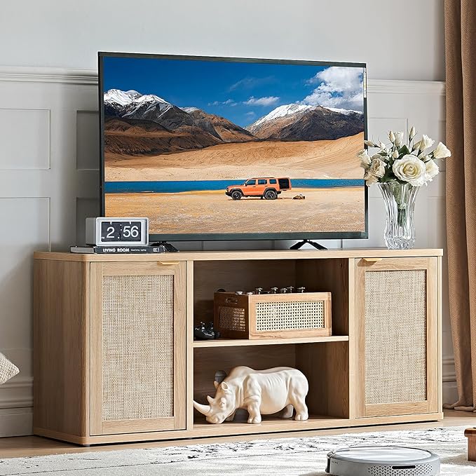 LEYAOYAO Rattan TV Stands for Living Room, Boho TV Cabinet with Storage and Open Shelf, Rustic Wood Entertainment Center, Media Console for 50-65 Inch TV, Natural Wood